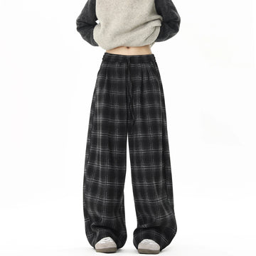 Winter Trendy Tartan Fleeced Plaid Casual Pants Men's Loose Straight Warm Long Pants Mopping Trousers For Men Black/Coffee